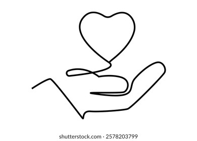 Continuous one line drawing of hand holding heart. Vector isolated on white.