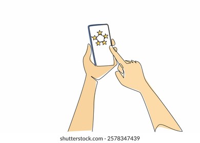 Continuous one line drawing hand hold smartphone and points at smartphone screen which has 5 stars. Always give 5 stars. Best quality. Write a Review Day. Single line draw design vector illustration