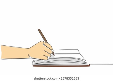 Continuous one line drawing hand writing using a pen on a thick book. Making prose. Romantic poems. Writing life stories. Author. Signature. Wordsmith Day. Single line draw design vector illustration