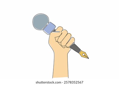 Continuous one line drawing hand holding a microphone with a pen underneath. Symbolization. Recording sound or taking notes. Media. World Press Freedom Day. Single line draw design vector illustration