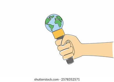 Continuous one line drawing hand holds microphone the top of microphone has been replaced with a globe. International journalist. World Press Freedom Day. Single line draw design vector illustration