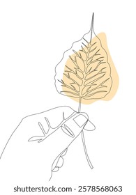 Continuous one line drawing of hand holding a Bodhi leaf. Delicate lines highlight its intricate veins with a soft beige accent, nature, mindfulness, and botanical concept, Vector Editable stroke	