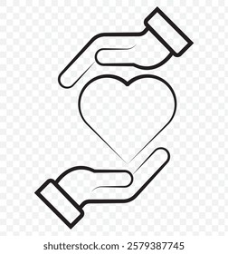 Continuous one line drawing hand holding heart. Charity donation linear symbol. Vector isolated on transparent. two hands crossed little fingers and a heart. the concept of romantic relationships. 