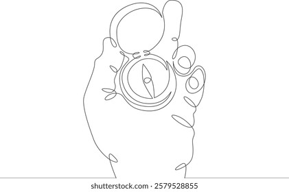 Continuous one line drawing  hand with compass.Tourist hand compass.Tourism.Travel. One continuous line isolated minimal illustration.Not AI.