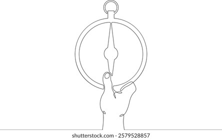 Continuous one line drawing  hand with compass.Tourist hand compass.Tourism.Travel. One continuous line isolated minimal illustration.Not AI.