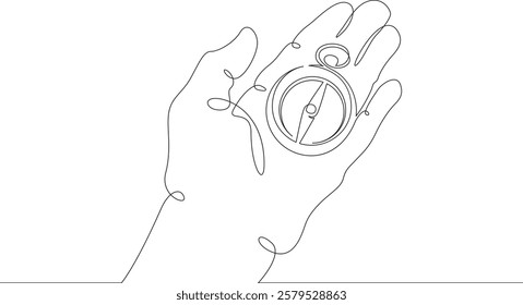 Continuous one line drawing  hand with compass.Tourist hand compass.Tourism.Travel. One continuous line isolated minimal illustration.Not AI.