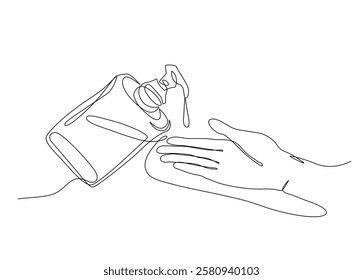 Continuous one line drawing of a hand using a sanitizer or lotion bottle, symbolizing hygiene, cleanliness, and health care. Perfect for medical, safety, and personal care themes. Vector Editable line