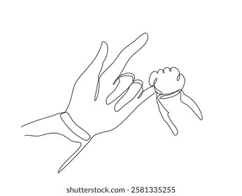 Continuous One line drawing of a baby’s hand gripping the mother’s pinky, symbolizing love, trust, and family bonds. Minimalist and emotional, parenting and relationship themes. Vector Editable stroke