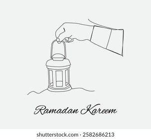 Continuous one line drawing hand holding Ramadan lantern.