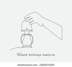 Continuous one line drawing hand holding lantern.