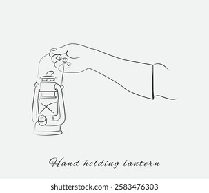 Continuous one line drawing hand holding lantern.