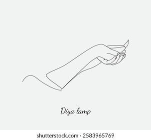 Continuous one line drawing of hand holding diya lamp light