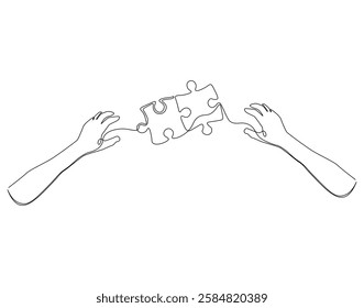 Continuous one line drawing of hand with puzzle. One line drawing illustration of hand combined with puzzle. Problem solving concept single line. Editable outline
