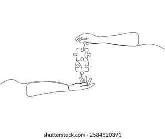 Continuous one line drawing of hand with puzzle. One line drawing illustration of hand combined with puzzle. Problem solving concept single line. Editable outline
