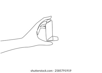 Continuous one line drawing hand holding asthma inhaler. First aid aids help prevent asthma in small sizes. Helps provide fresh air. World Asthma Day. Single line draw design vector illustration