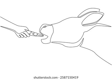 Continuous one line drawing hand holding carrot is feeding the donkey. Eat with gusto. Extra food for hard work. Very easy to be friendly. World Donkey Day. Single line draw design vector illustration