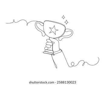 Continuous one line drawing of a hand holding a trophy isolated vector illustration on white background.