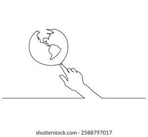 Continuous one line drawing of hand holding Earth. Single line drawing illustration of hand with Earth globe. Green energy concept vector art. Doodle line illustration.