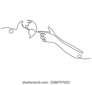 Continuous one line drawing of hand holding Earth. Single line drawing illustration of hand with Earth globe. Green energy concept vector art. Doodle line illustration.