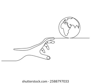 Continuous one line drawing of hand holding Earth. Single line drawing illustration of hand with Earth globe. Green energy concept vector art. Doodle line illustration.