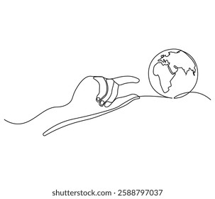 Continuous one line drawing of hand holding Earth. Single line drawing illustration of hand with Earth globe. Green energy concept vector art. Doodle line illustration.