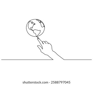 Continuous one line drawing of hand holding Earth. Single line drawing illustration of hand with Earth globe. Green energy concept vector art. Doodle line illustration.