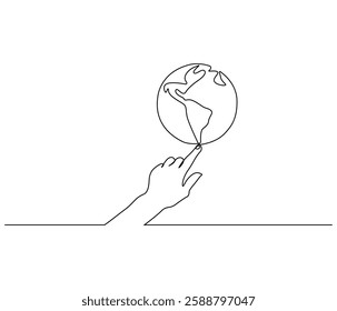 Continuous one line drawing of hand holding Earth. Single line drawing illustration of hand with Earth globe. Green energy concept vector art. Doodle line illustration.