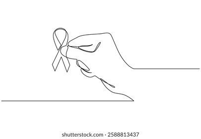 Continuous one line drawing hand holding ribbon and giving support to fight against cancer, Single one line drawing a hand holding a ribbon that forms a heart shape. Symbolizes support, awareness.