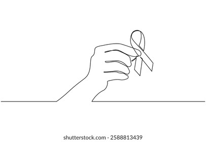 Continuous one line drawing hand holding ribbon and giving support to fight against cancer, Single one line drawing a hand holding a ribbon that forms a heart shape. Symbolizes support, awareness.