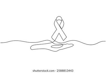 Continuous one line drawing hand holding ribbon and giving support to fight against cancer, Single one line drawing a hand holding a ribbon that forms a heart shape. Symbolizes support, awareness.