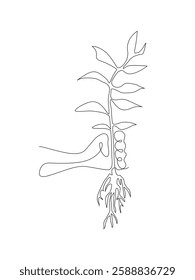 Continuous one line drawing of a hand pulling a plant with roots. Concept: sustainability, organic farming, growth, and environmental awareness. Perfect for eco-friendly themes. vector Editable stroke