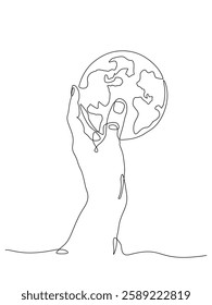 Continuous one line drawing of a hand holding the Earth globe, care, responsibility, and global unity. Perfect for sustainability, environment, and social responsibility concepts. Editable stroke