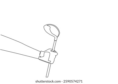 Continuous one line drawing a hand wearing a glove is holding a golf club. Amateur golfers do not need the camera spotlight. Exercise. National Golf Day. Single line draw design vector illustration