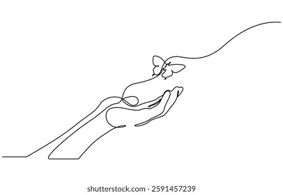 Continuous one line drawing of hand holding butterfly, One continuous line drawing of hand holding butterfly. Beautiful flying moth for well being beauty or spa salon logo in simple linear style. 