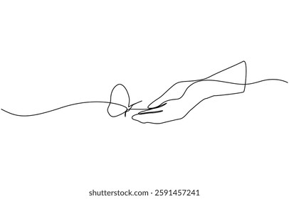 Continuous one line drawing of hand holding butterfly, One continuous line drawing of hand holding butterfly. Beautiful flying moth for well being beauty or spa salon logo in simple linear style. 