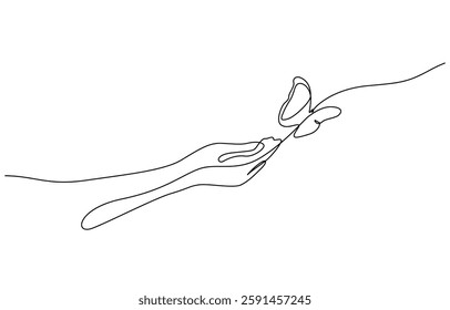 Continuous one line drawing of hand holding butterfly, One continuous line drawing of hand holding butterfly. Beautiful flying moth for well being beauty or spa salon logo in simple linear style. 