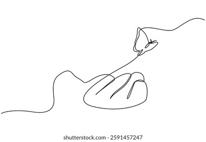 Continuous one line drawing of hand holding butterfly, One continuous line drawing of hand holding butterfly. Beautiful flying moth for well being beauty or spa salon logo in simple linear style. 
