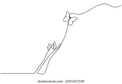 Continuous one line drawing of hand holding butterfly, One continuous line drawing of hand holding butterfly. Beautiful flying moth for well being beauty or spa salon logo in simple linear style. 