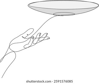 Continuous one line drawing of hand holding empty plate. Single line vector illustration.