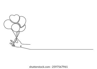 Continuous one line drawing of Hand holding ballon. Single line drawing illustration of Air balloons. Birthday decoration concept vector art. Doodle line illustration. 
