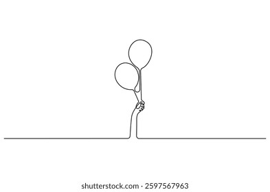 Continuous one line drawing of Hand holding ballon. Single line drawing illustration of Air balloons. Birthday decoration concept vector art. Doodle line illustration. 
