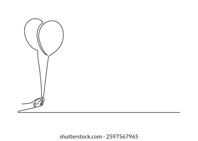 Continuous one line drawing of Hand holding ballon. Single line drawing illustration of Air balloons. Birthday decoration concept vector art. Doodle line illustration. 

