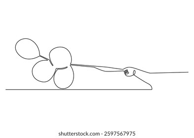 Continuous one line drawing of Hand holding ballon. Single line drawing illustration of Air balloons. Birthday decoration concept vector art. Doodle line illustration. 
