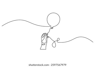 Continuous one line drawing of Hand holding ballon. Single line drawing illustration of Air balloons. Birthday decoration concept vector art. Doodle line illustration. 
