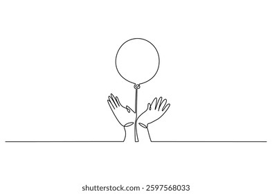 Continuous one line drawing of Hand holding ballon. Single line drawing illustration of Air balloons. Birthday decoration concept vector art. Doodle line illustration. 
