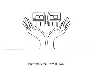 Continuous one line drawing of Hand with house. Single line drawing illustration of house with hand. Dream house concept vector art. Doodle line illustration. 
