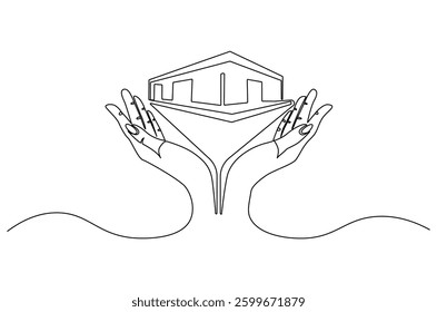 Continuous one line drawing of Hand with house. Single line drawing illustration of house with hand. Dream house concept vector art. Doodle line illustration. 
