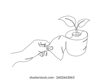 Continuous one line drawing of a hand pulling tissue from a roll with a plant seedling on its core isolated on white, symbolizing sustainability and eco-friendly consumption, Vector Editable stroke