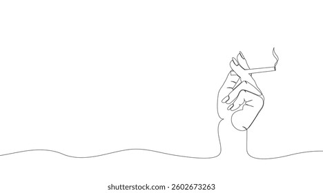Continuous one line drawing hand holding a cigarette with cigarette smoke. Vector illustration.