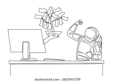 Continuous one line drawing hand of astronaut out of monitor screen holds money tree with leaves made of banknotes. Smart investment. Things from Screen. Single line draw design vector illustration